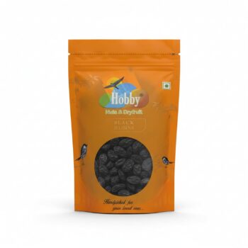 Premium Hobby Jumbo Black Raisins Seedless 250g in orange resealable pouch with transparent window showing large black raisins.