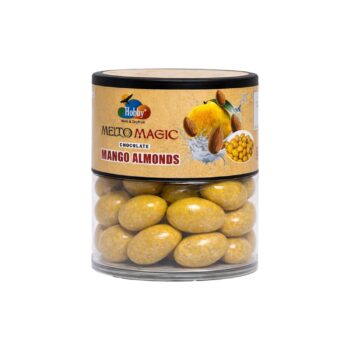 Premium mango flavored chocolate almond dragees in jar.
