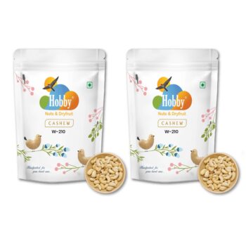 Premium W210 Cashew Nuts by Hobby Nuts & Dryfruit in resealable stand-up pouch – whole natural cashews, healthy dry fruits snack, rich in protein and nutrients.