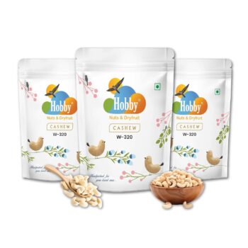 Hobby Whole Jumbo Cashews 250g W-320 grade premium kaju, raw whole cashew nuts, protein-rich healthy dry fruits, creamy crunchy cashews in resealable pouch.