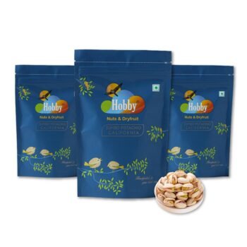 Healthy roasted jumbo pistachio nuts rich in protein and fiber packed in blue Hobby pouch