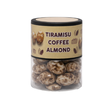 Hobby Tiramisu Coffee Chocolate Almonds 100g, premium roasted almonds coated with tiramisu coffee chocolate, gourmet chocolate almond dragees in reusable jar.