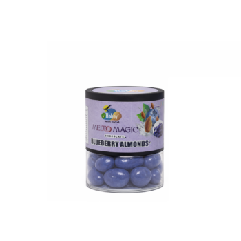 Hobby Premium Blueberry White Chocolate Coated Almonds 100g, roasted almonds coated with blueberry flavored white chocolate, gourmet almond dragees in reusable gift jar.