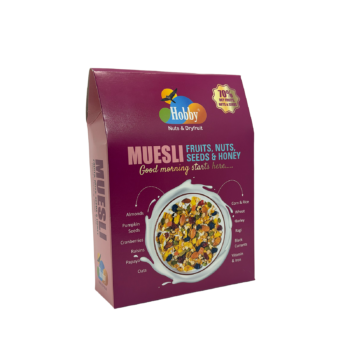 Hobby Muesli Fruits Nuts and Seeds with Honey 500g, high protein breakfast cereal with oats, millets, dry fruits, almonds, pumpkin seeds, cranberries, and honey.