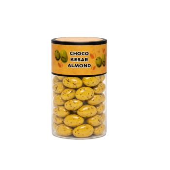 Premium choco kesar almond dragees with white chocolate coating.