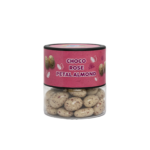 Hobby Rose Petal Badam Chocolate Dragees 100g, premium white chocolate coated almonds with real rose petals, floral almond chocolates, gourmet dragees in gift jar.