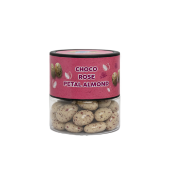 Hobby Rose Petal Badam Chocolate Dragees 100g, premium white chocolate coated almonds with real rose petals, floral almond chocolates, gourmet dragees in gift jar.