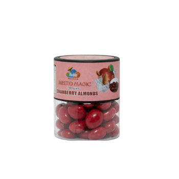 Hobby Cranberry Chocolate Almonds 100g, premium milk chocolate coated almonds with cranberry flavor, crunchy almond dragees, gourmet chocolate nuts in reusable gift jar.